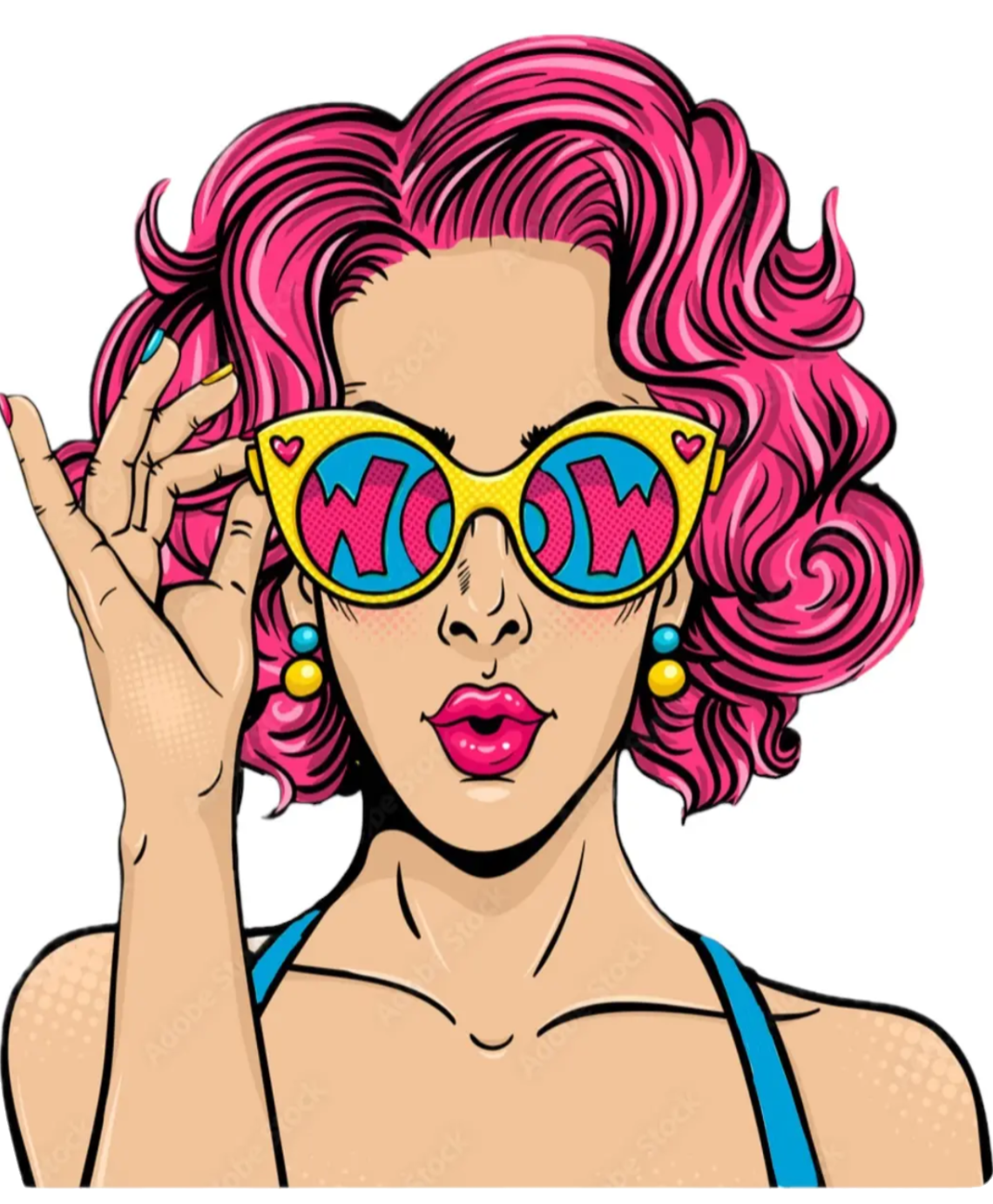 A woman with pink hair and sunglasses on.